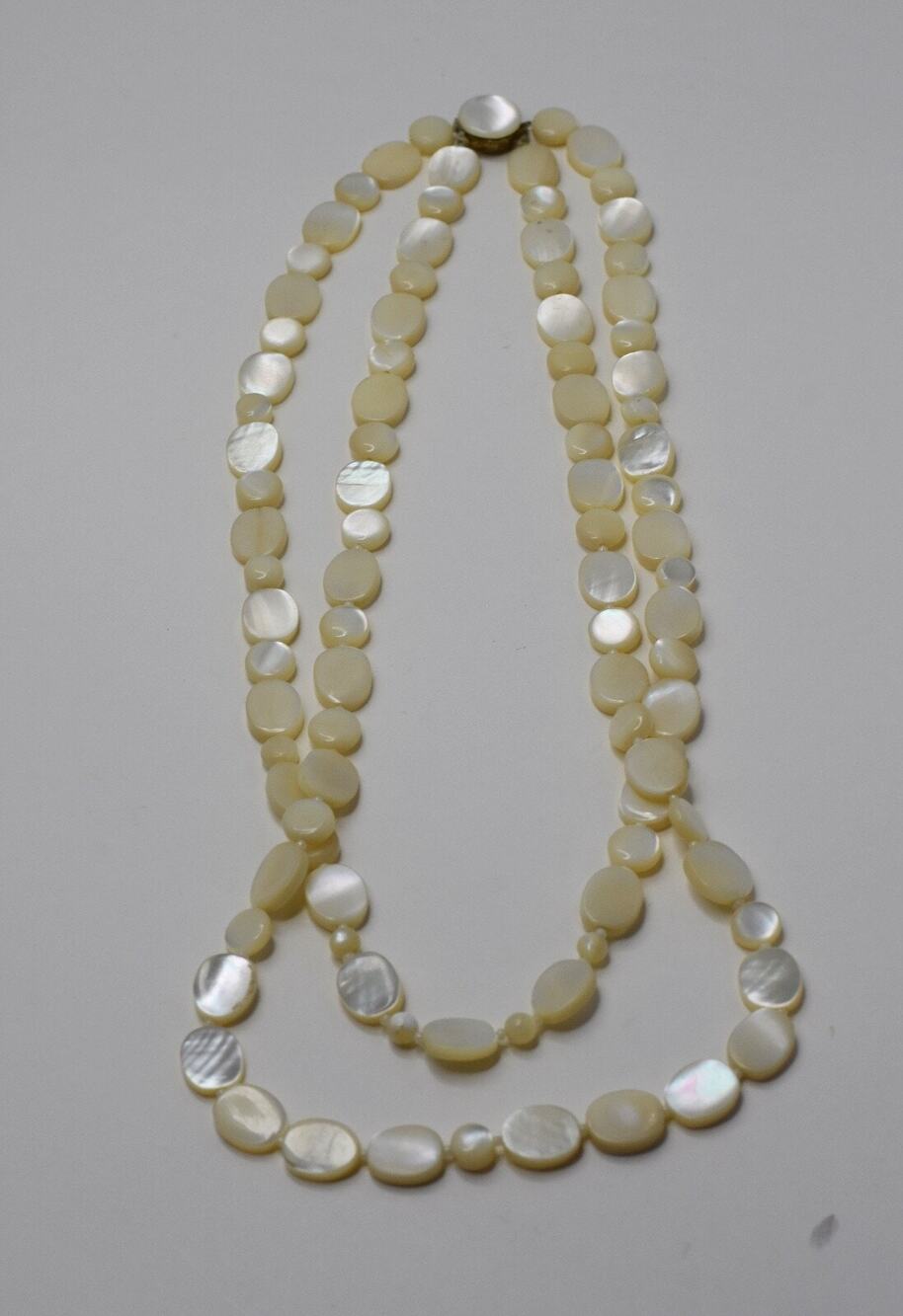 Antique Art Deco Mother Of Pearl Shell Coin Beads Double Strand Necklace